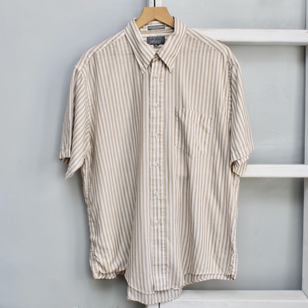 Lord & Taylor Men's VTG Tan Cream Striped Short Sleeve Button-Down Shirt Size XL